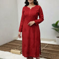Red Lucknow Chikankari Handcrafted Muslin Kurti with Cutwork Embroidery Pant Set