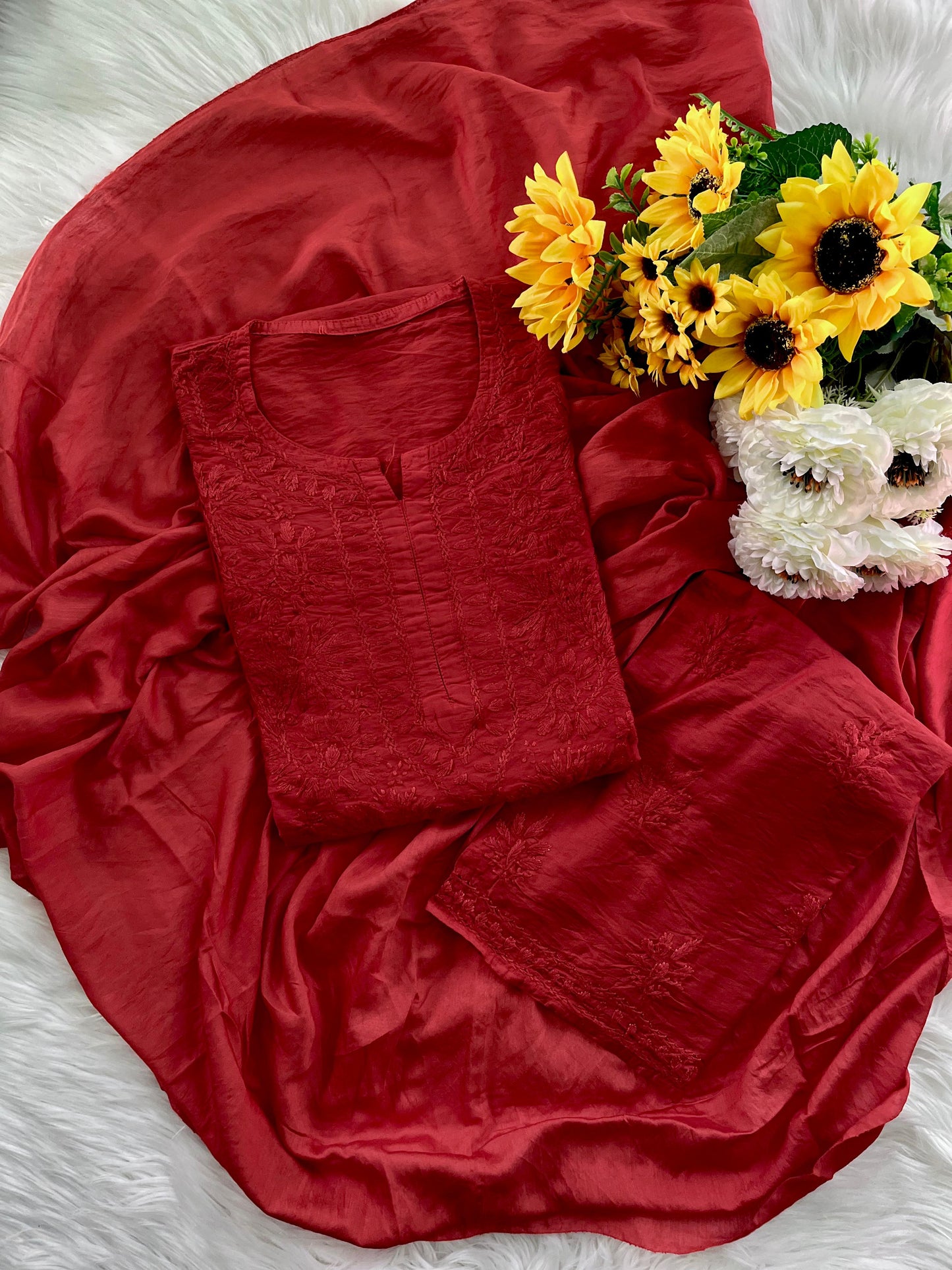 Red Handcrafted Tone-on-Tone Lucknowi Chikankari Chanderi Silk Set