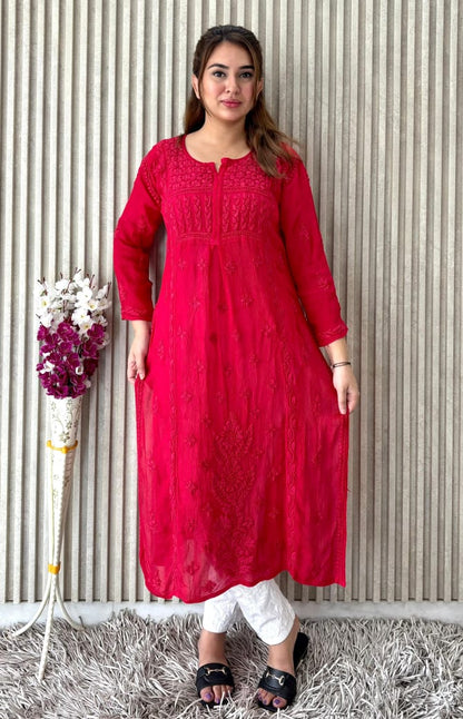 Red Chinon Nyra Style 3D handwork Lucknow Chikankari Kurti Set
