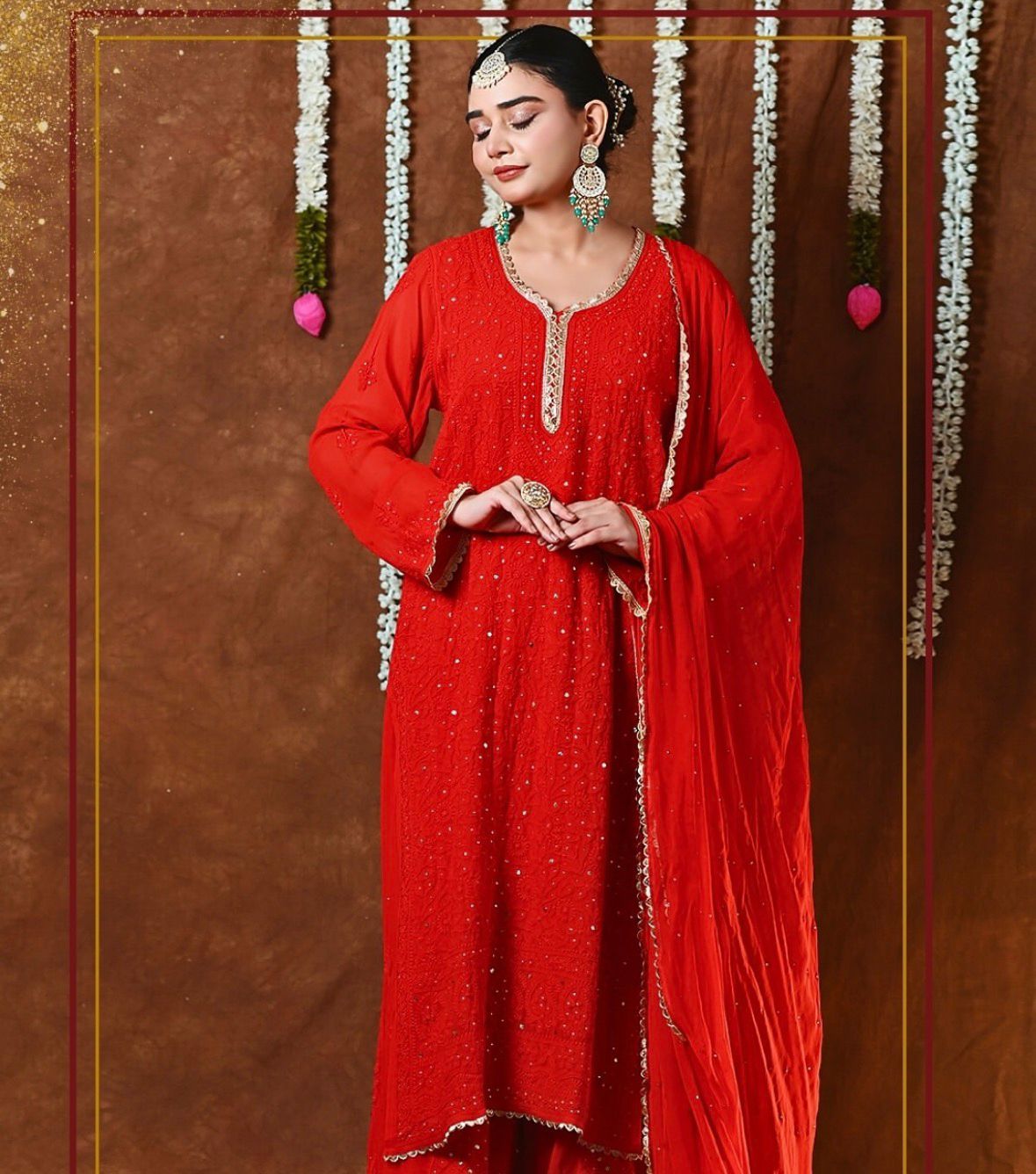 Red Premium Lucknow Chikankari Viscose Kurta, Palazzo & Dupatta Set with Mukaish and Lace Work