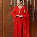 Red Premium Lucknow Chikankari Viscose Kurta, Palazzo & Dupatta Set with Mukaish and Lace Work