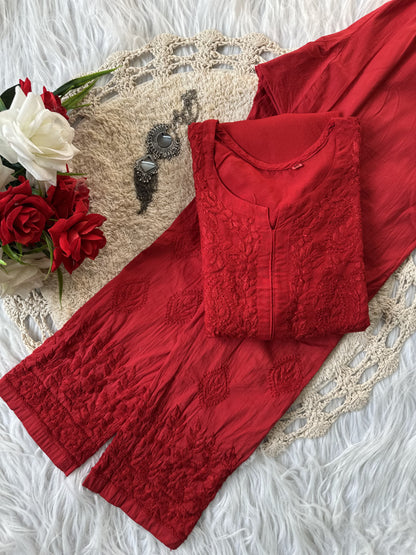 Red Designer Lucknow Chikankari Collection Cotton Kurti & Pant Set