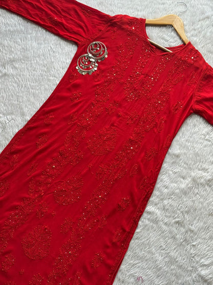 Elegant Red Viscose Lucknow Chikankari Mukaish Work Set
