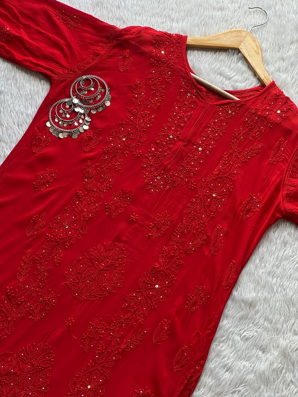 Elegant Red Viscose Lucknow Chikankari Mukaish Work Set