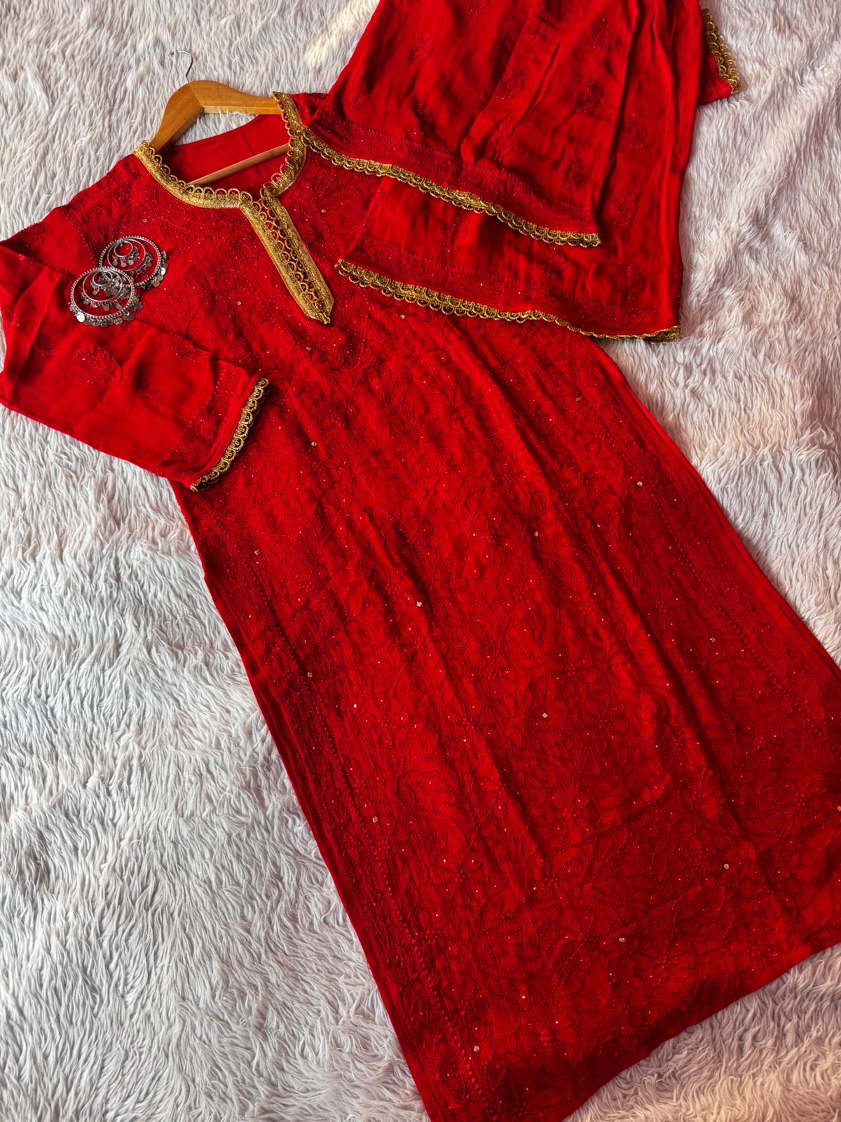 Red Premium Lucknow Chikankari Viscose Kurta, Palazzo & Dupatta Set with Mukaish and Lace Work