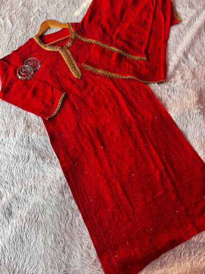 Red Premium Lucknow Chikankari Viscose Kurta, Palazzo & Dupatta Set with Mukaish and Lace Work