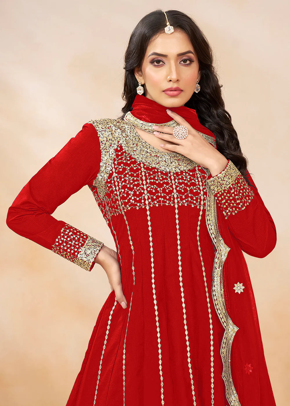 Red Dhoti Style Punjabi Salwar Suit with Zari & Sequins Embroidery