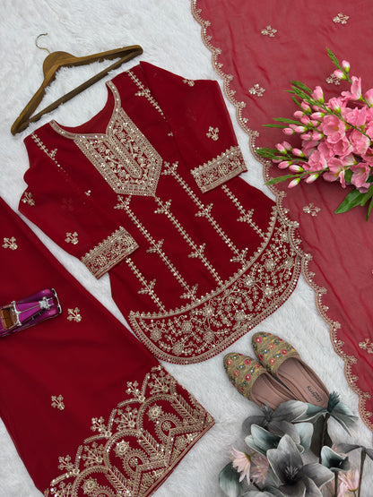 Red Designer Party Wear Faux Georgette Top, Palazzo & Dupatta Set