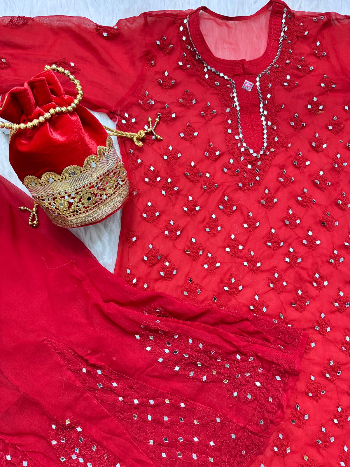 Red Chikankari Elegance Ombré Mirror Booti Jaal Set - Potli , Kurti, Sharara ,Dupatta & Inner