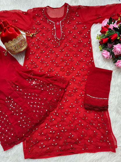 Red Chikankari Elegance Ombré Mirror Booti Jaal Set - Potli , Kurti, Sharara ,Dupatta & Inner