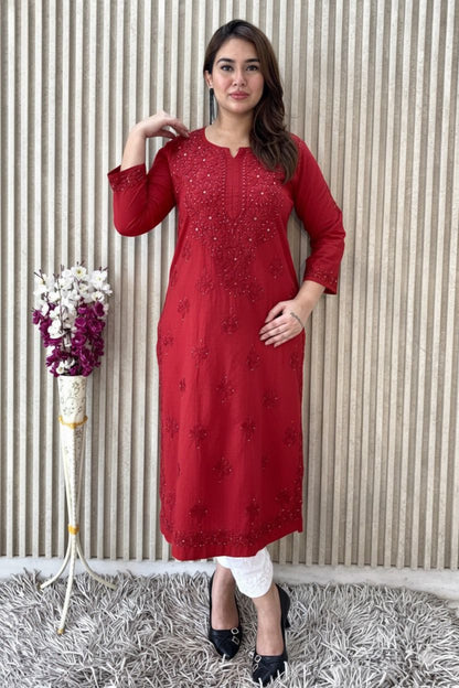 Red Exquisite Lucknow Chikankari Mukesh Work Kurti Set