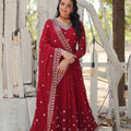 Maroon Regal Faux Blooming Anarkali Gown with Sequins Embroidery & Cut-Work Dupatta