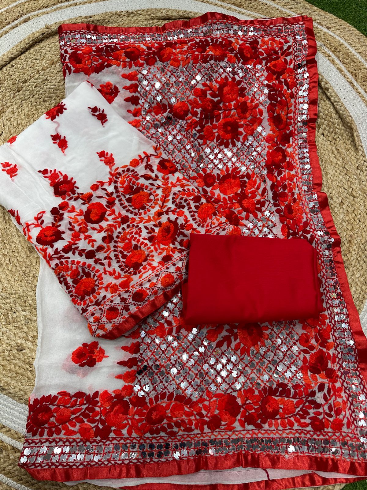 Red White Beautiful Super Georgette Kantha Work Suits Stitched