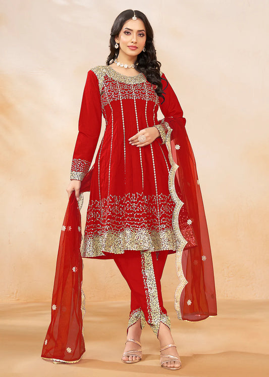 Red Dhoti Style Punjabi Salwar Suit with Zari & Sequins Embroidery