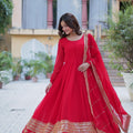 Red Embroidered Faux Blooming Indian Gown with Dupatta