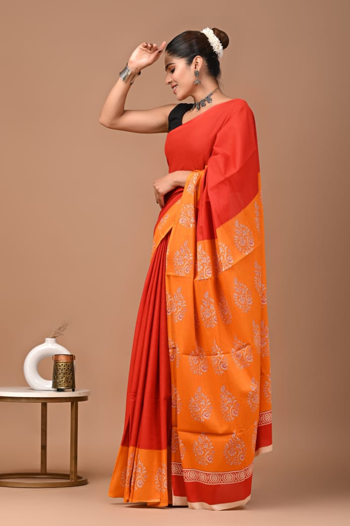 Orange Red Ajrakh Cotton Mul Handblock Print Saree with Ready-to-Wear Blouse Set