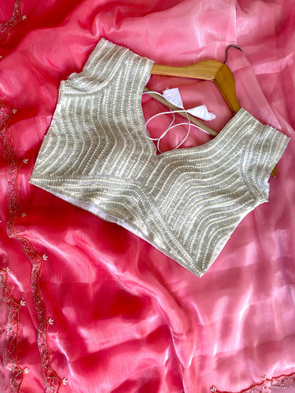 Pink Exclusive Elegant Silk Saree & Pearl work Blouse Set – Perfect for Special Occasions