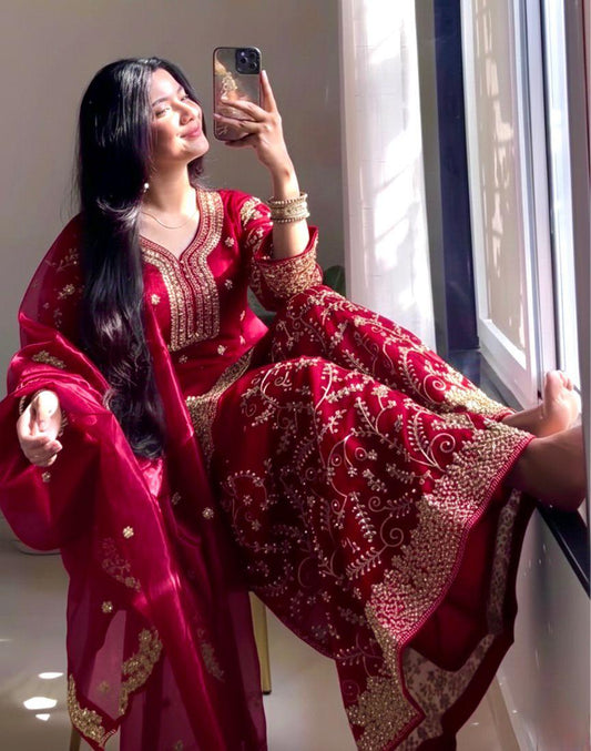 Red Ethereal Silk Embroidered Ensemble Eid Special