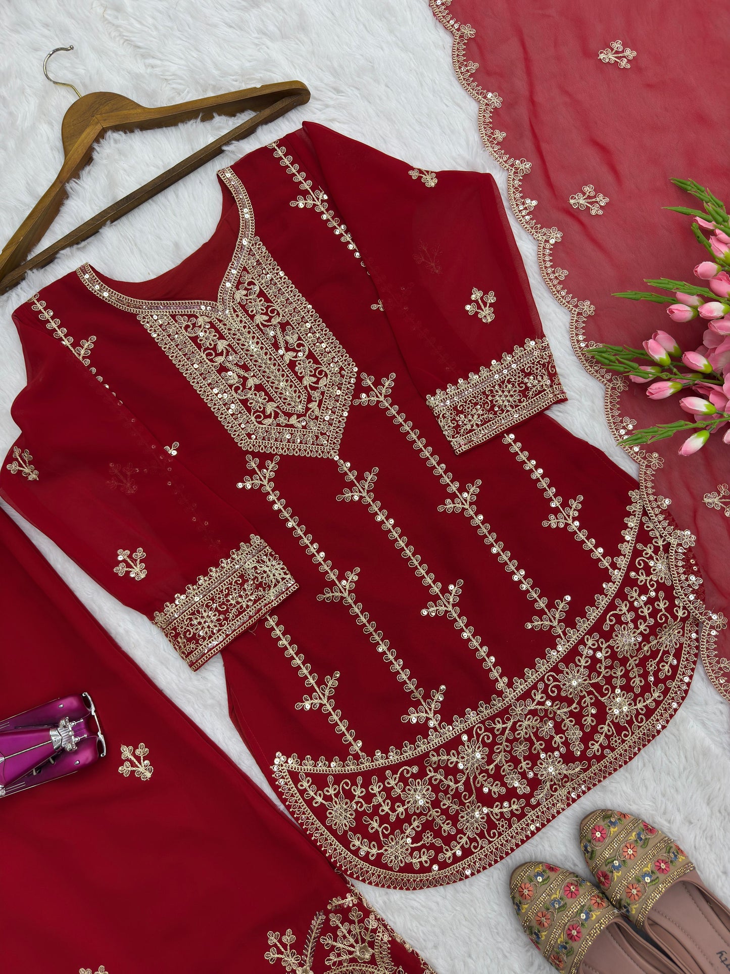 Red Designer Party Wear Faux Georgette Top, Palazzo & Dupatta Set