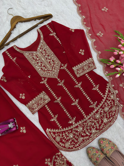 Red Designer Party Wear Faux Georgette Top, Palazzo & Dupatta Set