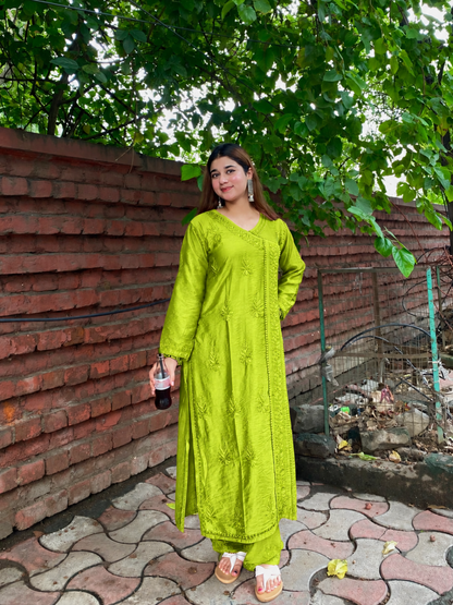 Premium Chartreuse lime-green Chanderi Silk Lucknow Chikankari Kurti & Lace Pant Set (NEW)