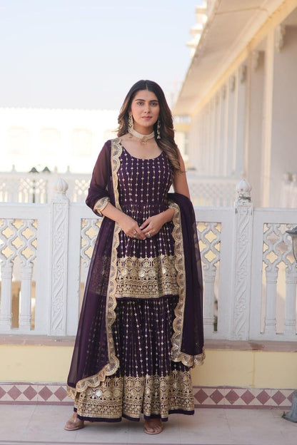 Regal Purple Elegance: Gharara Georgette Kurti with Sequins & Thread Embroidery - Inayakhan Shop 