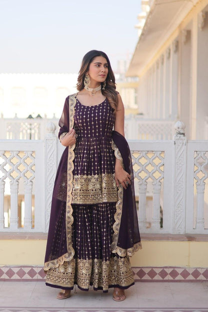 Regal Purple Elegance: Gharara Georgette Kurti with Sequins & Thread Embroidery - Inayakhan Shop 