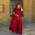 Red Elegant Embroidered Crepe Silk Farshi Salwar Kameez | Ready to Wear