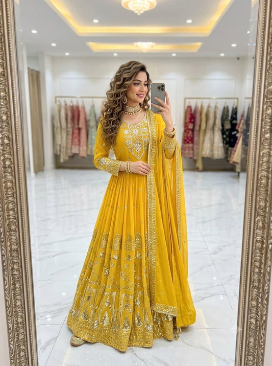 Mustard yellow embroidered Fox Georgette gown set with dupatta