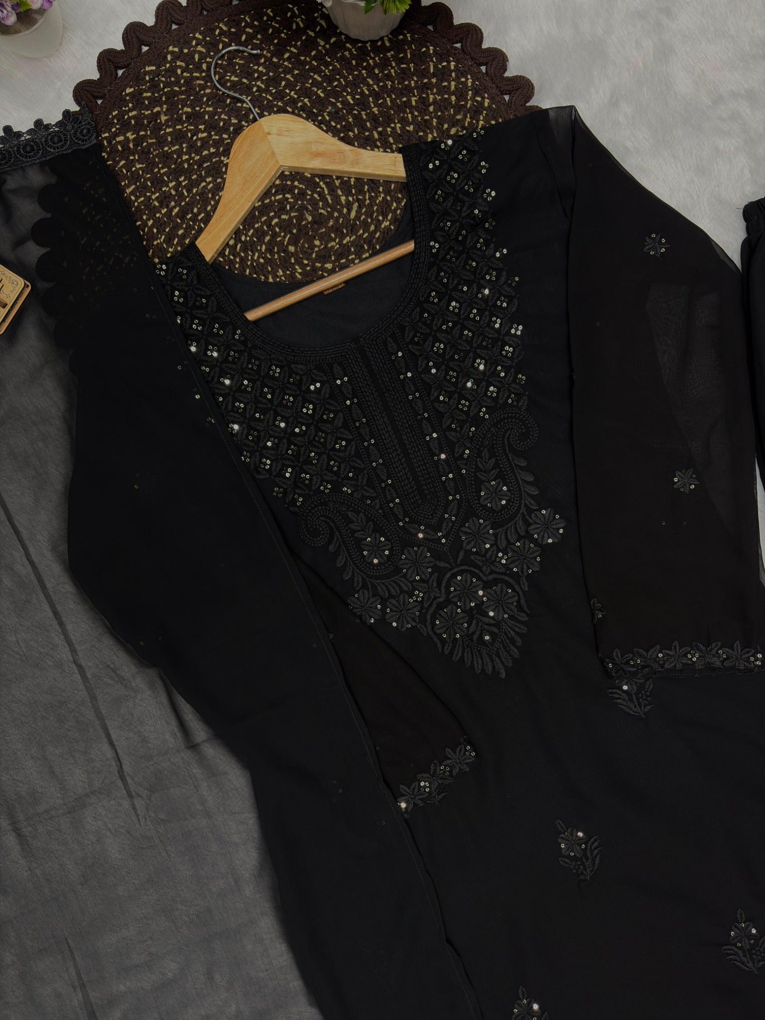 Black embroidered georgette kurta neckline detail