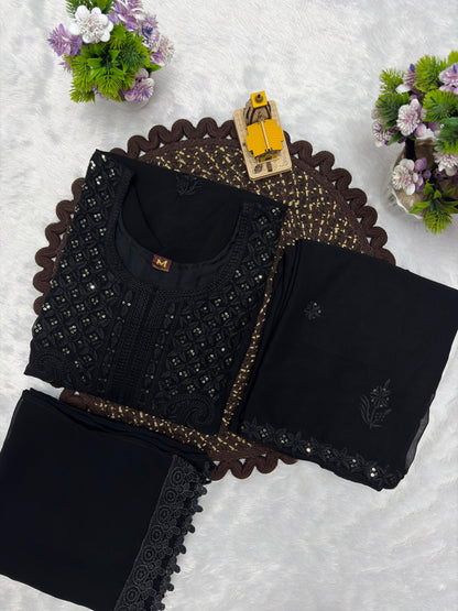 Black embroidered georgette kurta palazzo dupatta folded set