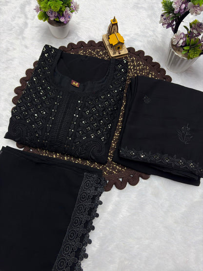 Black embroidered georgette kurta palazzo dupatta product detail