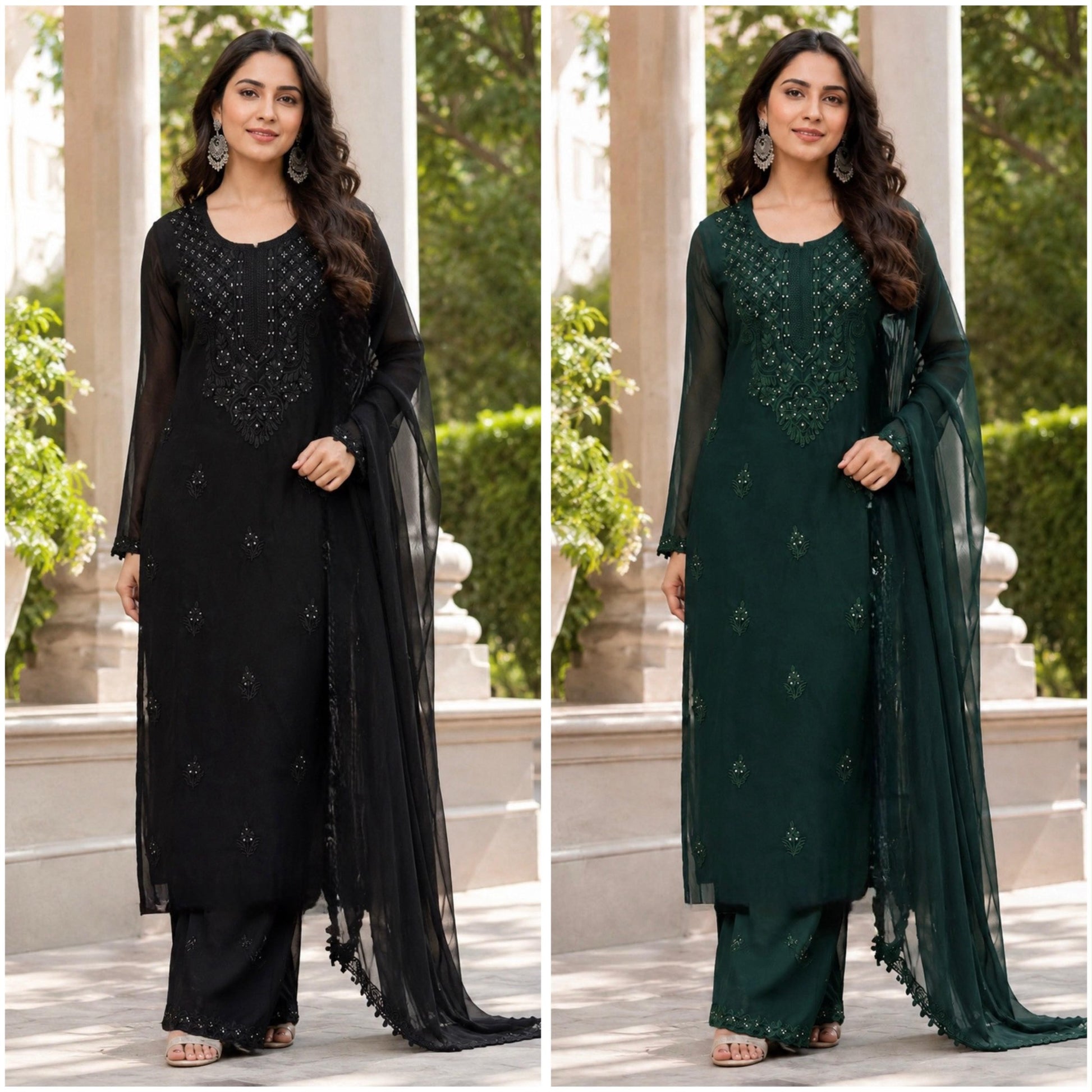 Black and dark green embroidered georgette kurta palazzo dupatta set