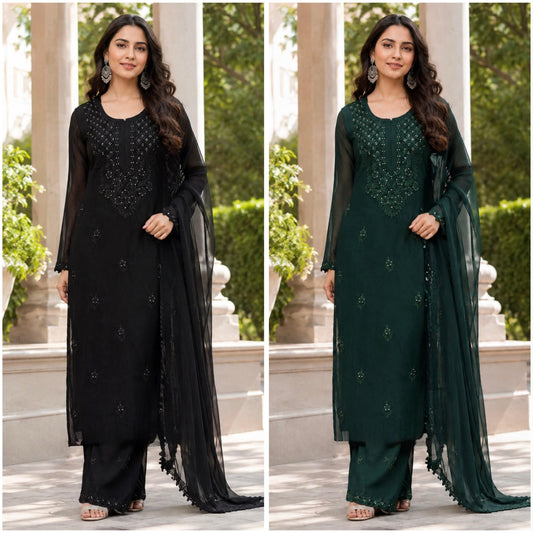 Black and dark green embroidered georgette kurta palazzo dupatta set