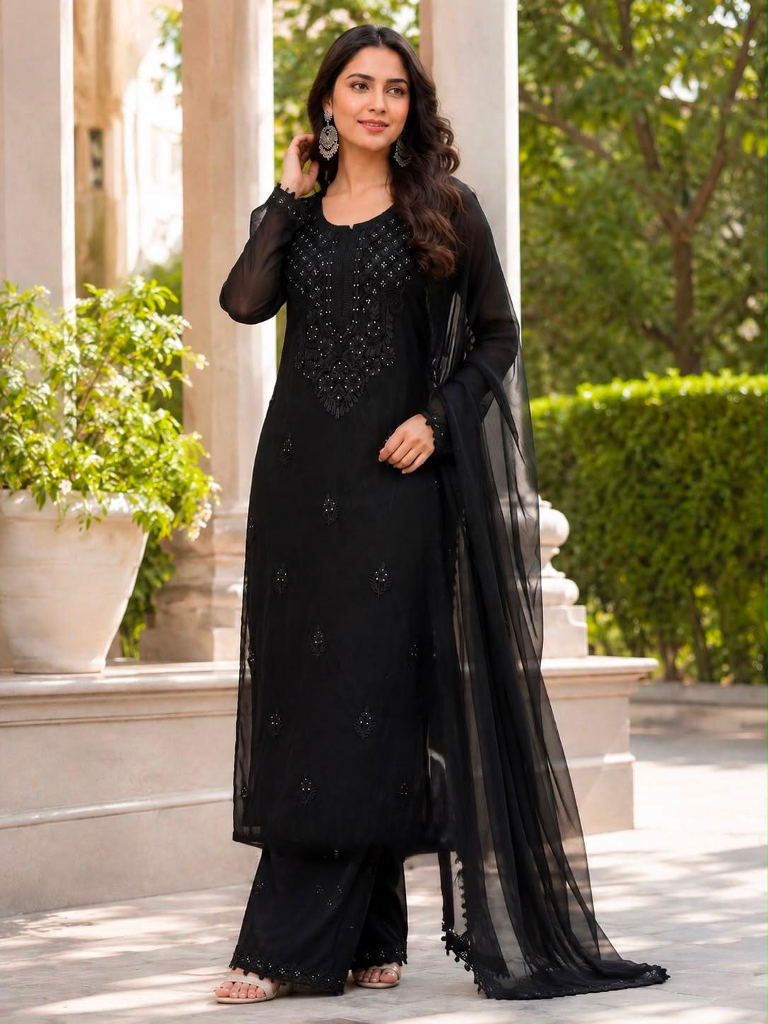 Black embroidered georgette kurta palazzo dupatta set on model