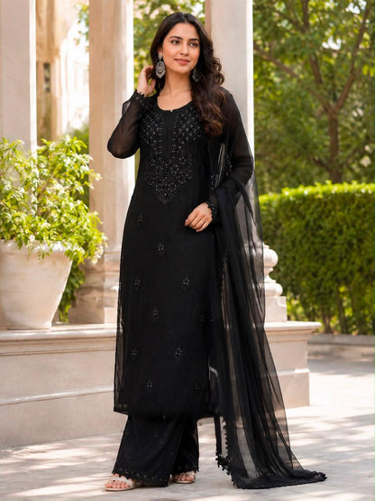 Black embroidered georgette kurta palazzo dupatta set on model