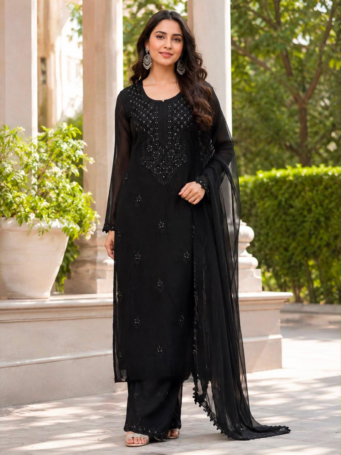 Black embroidered georgette kurta palazzo dupatta set full view