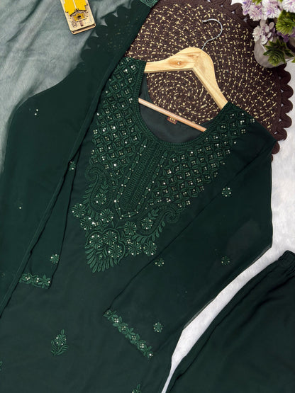 Dark green georgette kurta embroidery detail