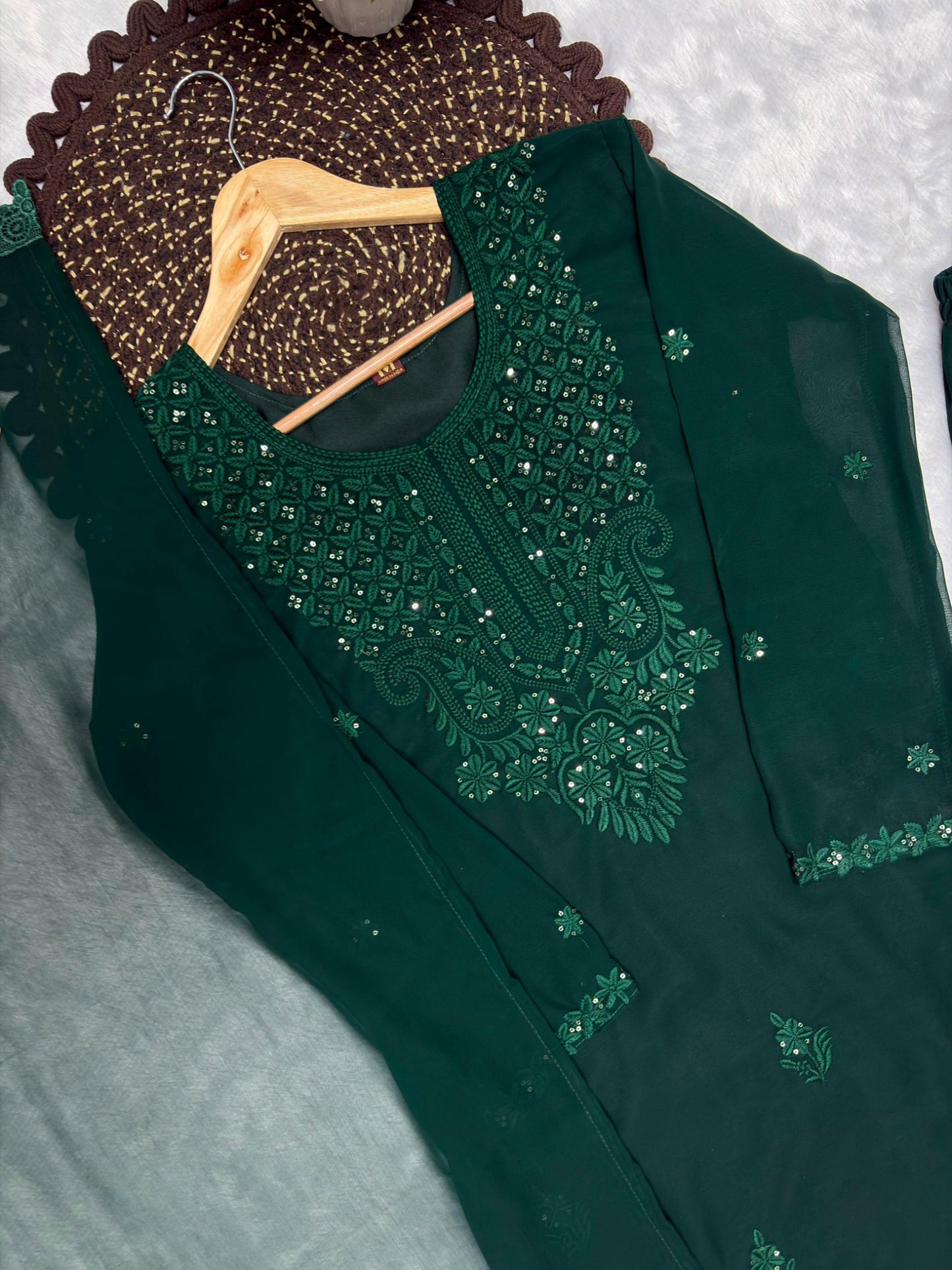 Dark green embroidered georgette kurta neckline detail