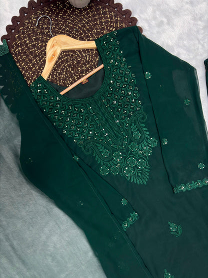 Dark green embroidered georgette kurta neckline detail