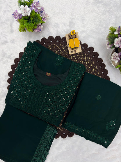 Dark green embroidered georgette kurta palazzo dupatta folded set
