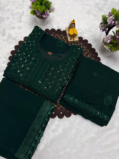 Dark green embroidered georgette kurta palazzo dupatta product detail