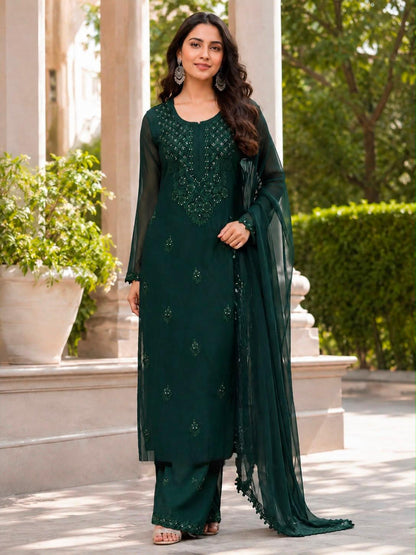 Dark green embroidered georgette kurta palazzo dupatta set on model