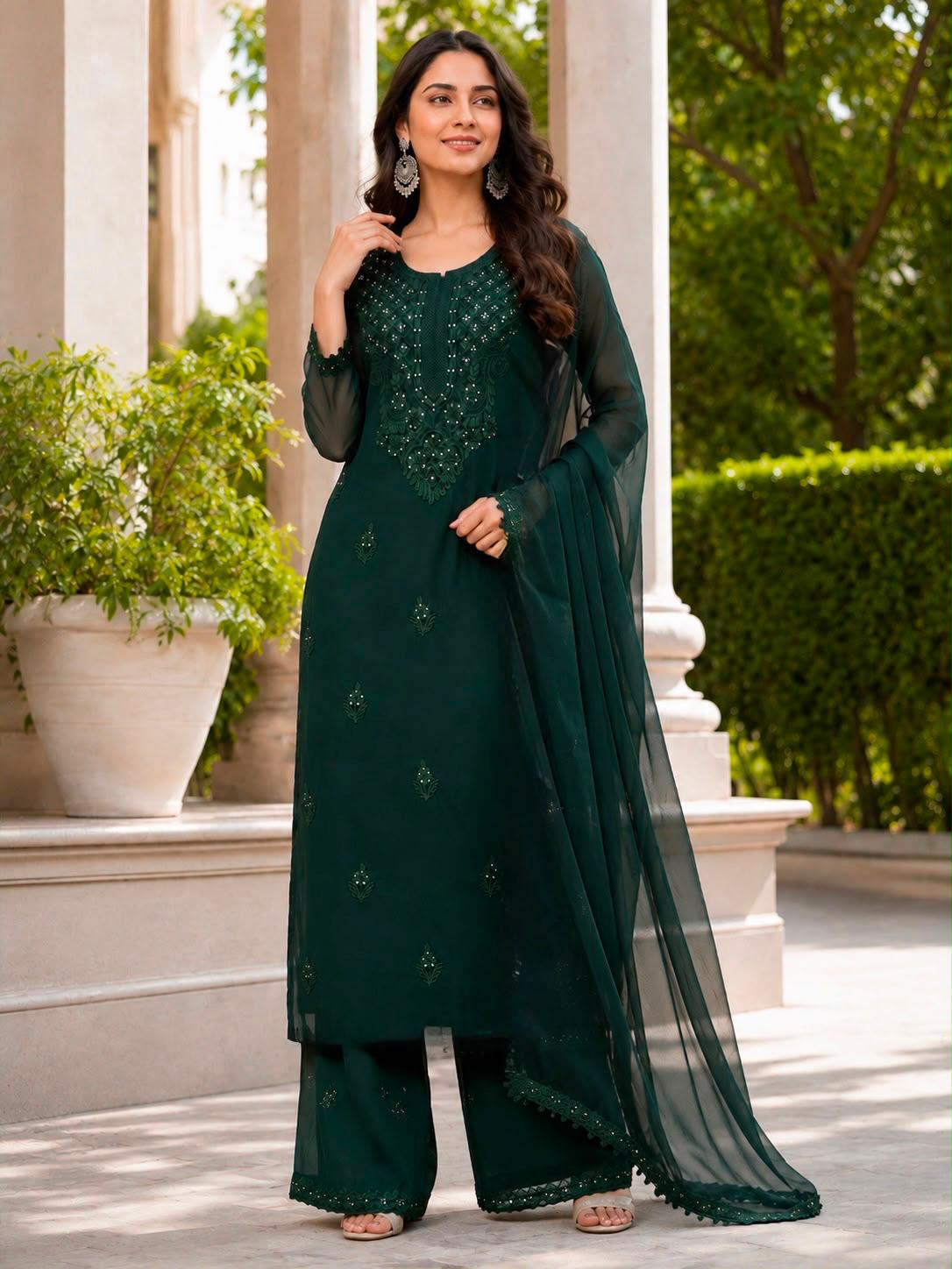Dark green embroidered georgette kurta palazzo dupatta set lifestyle view