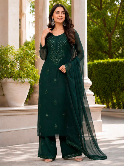 Dark green embroidered georgette kurta palazzo dupatta set lifestyle view