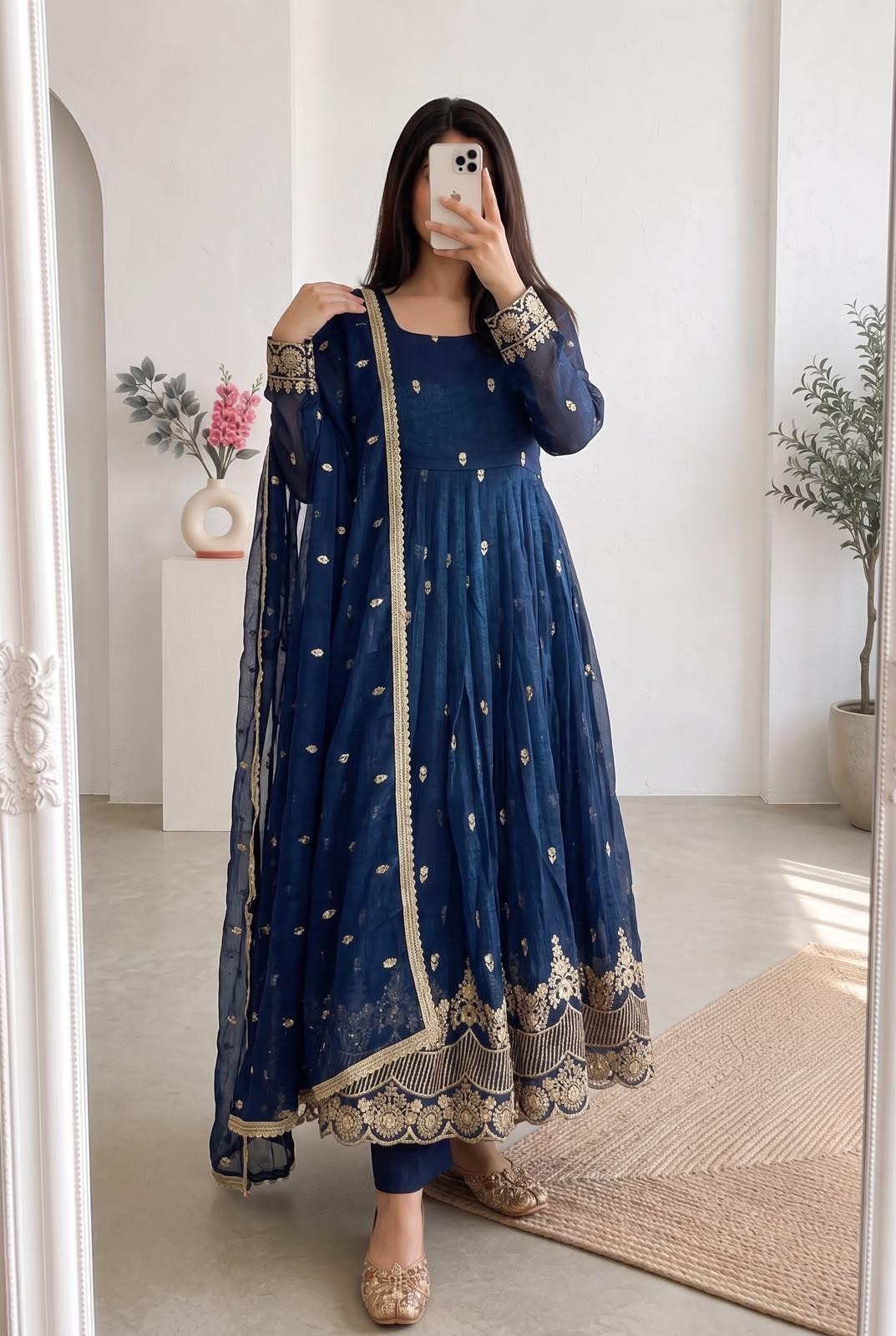 Navy blue designer party wear gown set with embroidery and sequins