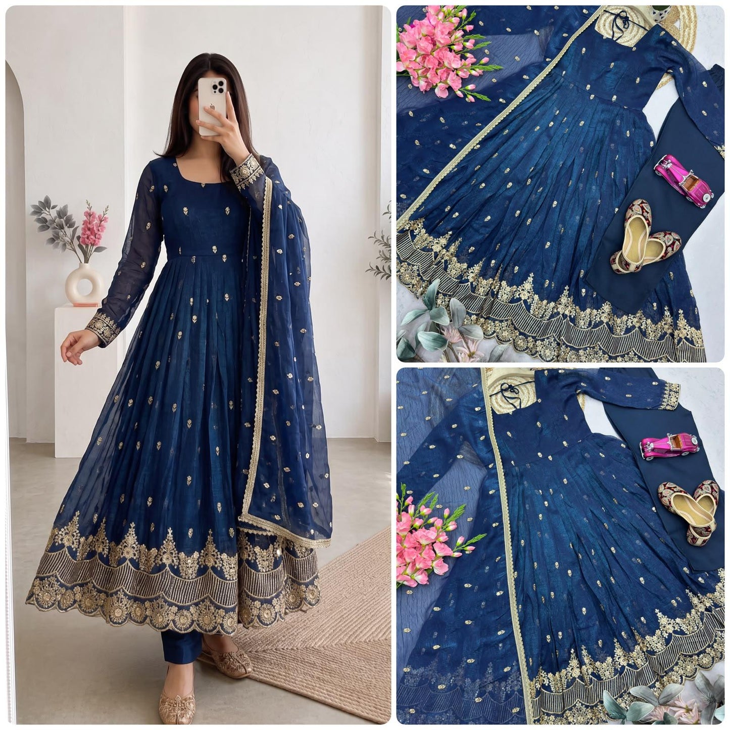 Navy blue designer party wear gown set product collage