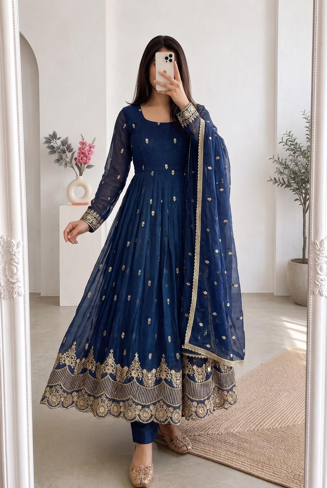 Navy blue embroidered party wear gown front view