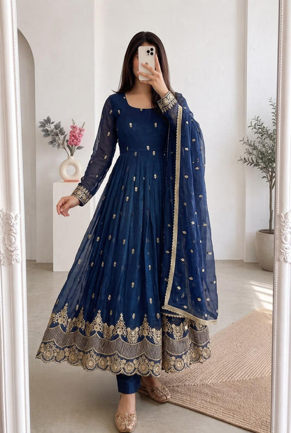 Navy blue embroidered party wear gown front view