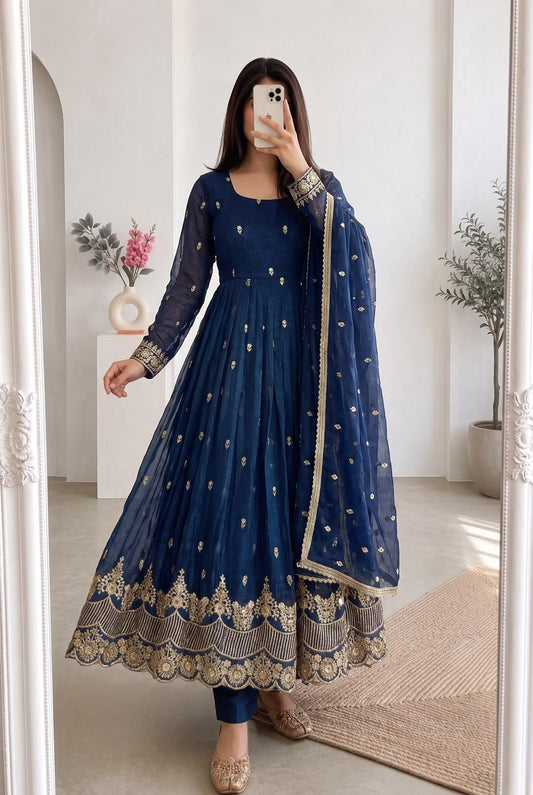 Navy blue embroidered party wear gown front view
